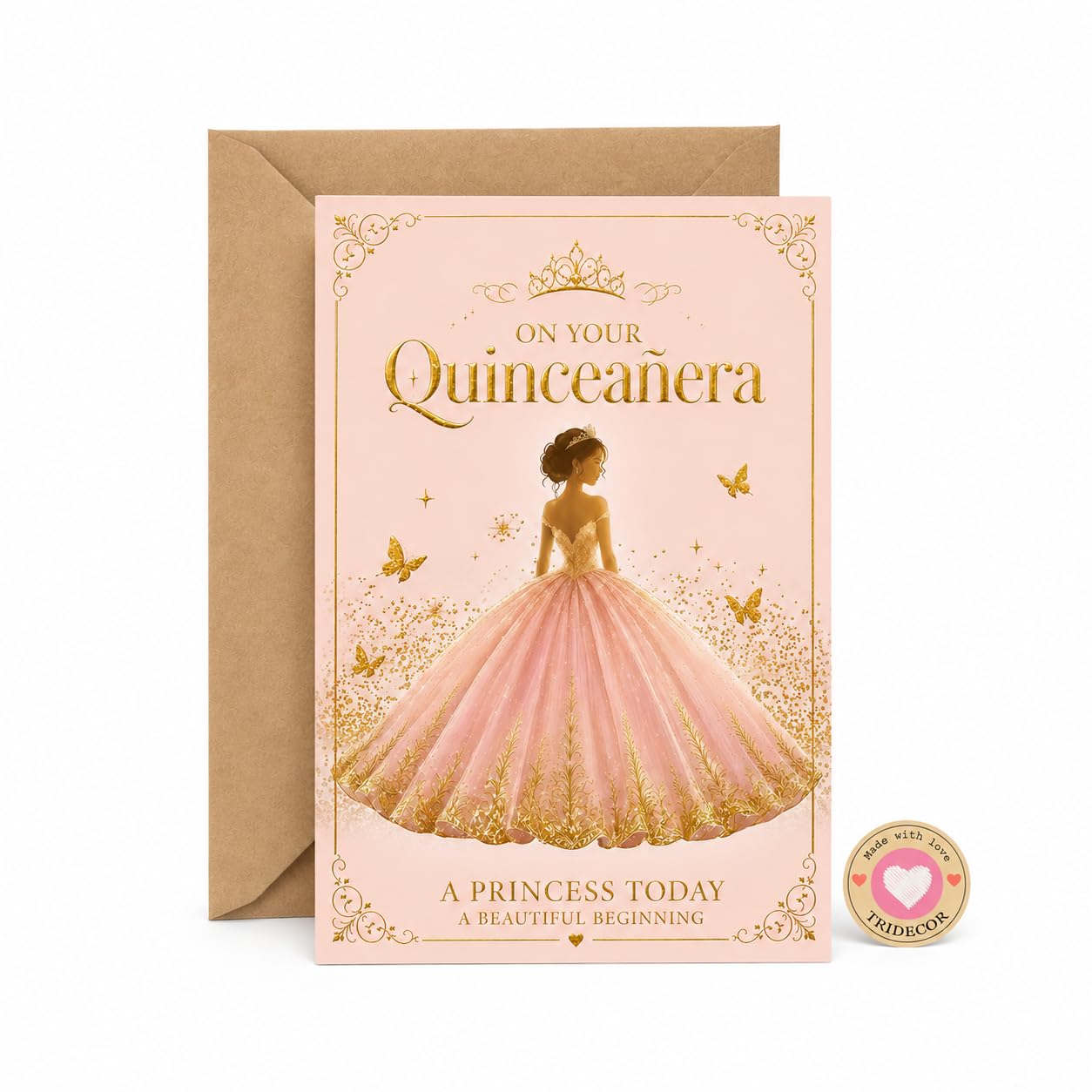 TRIDECOR Quinceañera Card, Folded 5x7 Birthday Card with Envelope