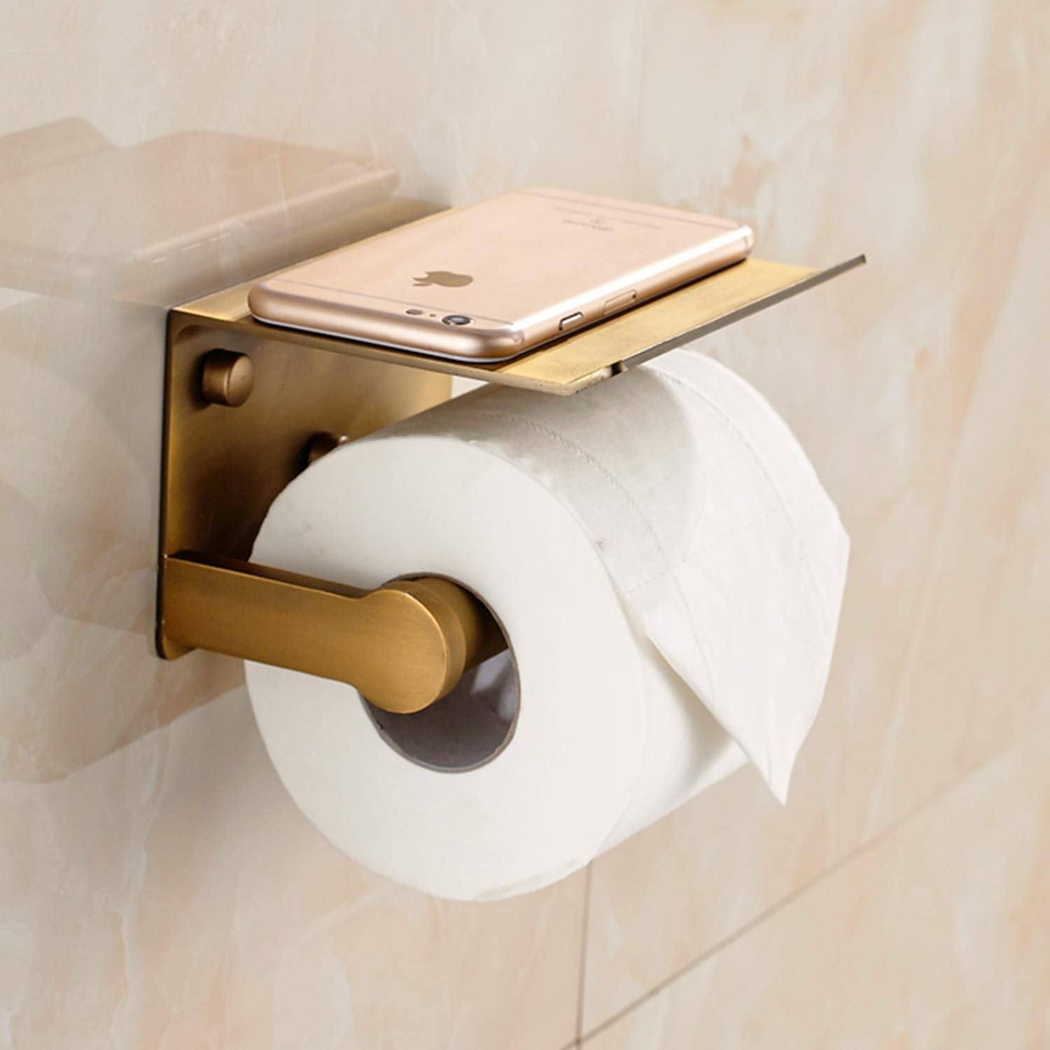 Toilet Paper Holder Antique Brass Toilet Paper Hanger with Mobile Phone Storage Shelf -Wall Mount (2#)