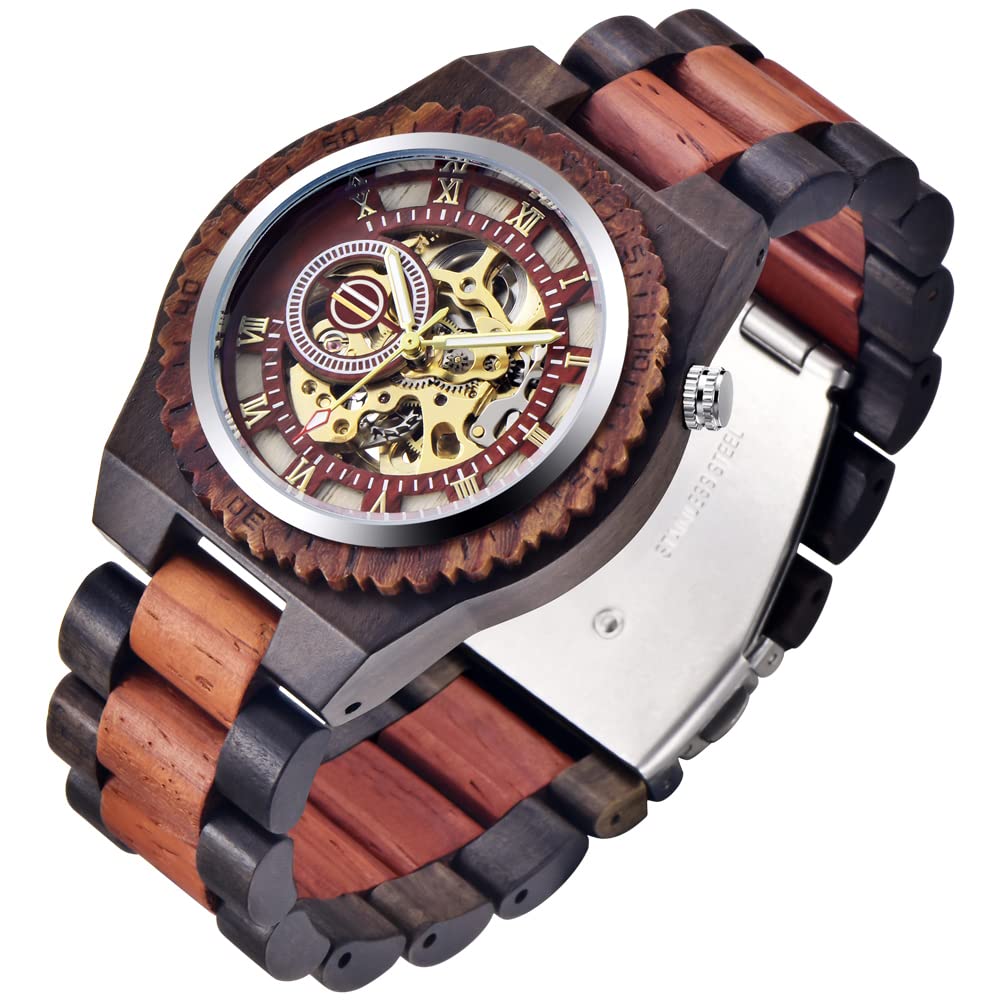DentilyMen's Wooden Watch Skeleton Automatic Movement Wood Watch Self-Winding Watches for Men
