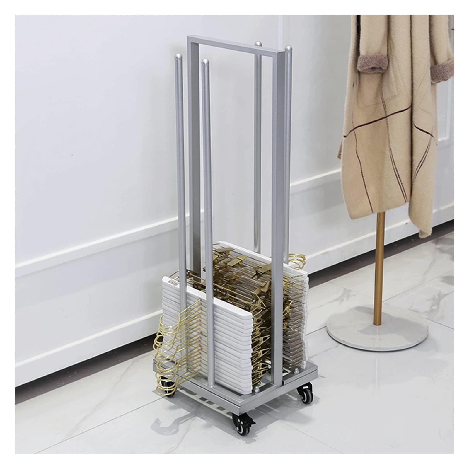 LRZPTDYU Metal Hanger Stacker Cart, 2 In 1 Hanger Organizer Holder With Casters, Portable Clothes Storage Rack For Laundry Room Clothing Store (Color : Silver, Size : 35x30x127cm)