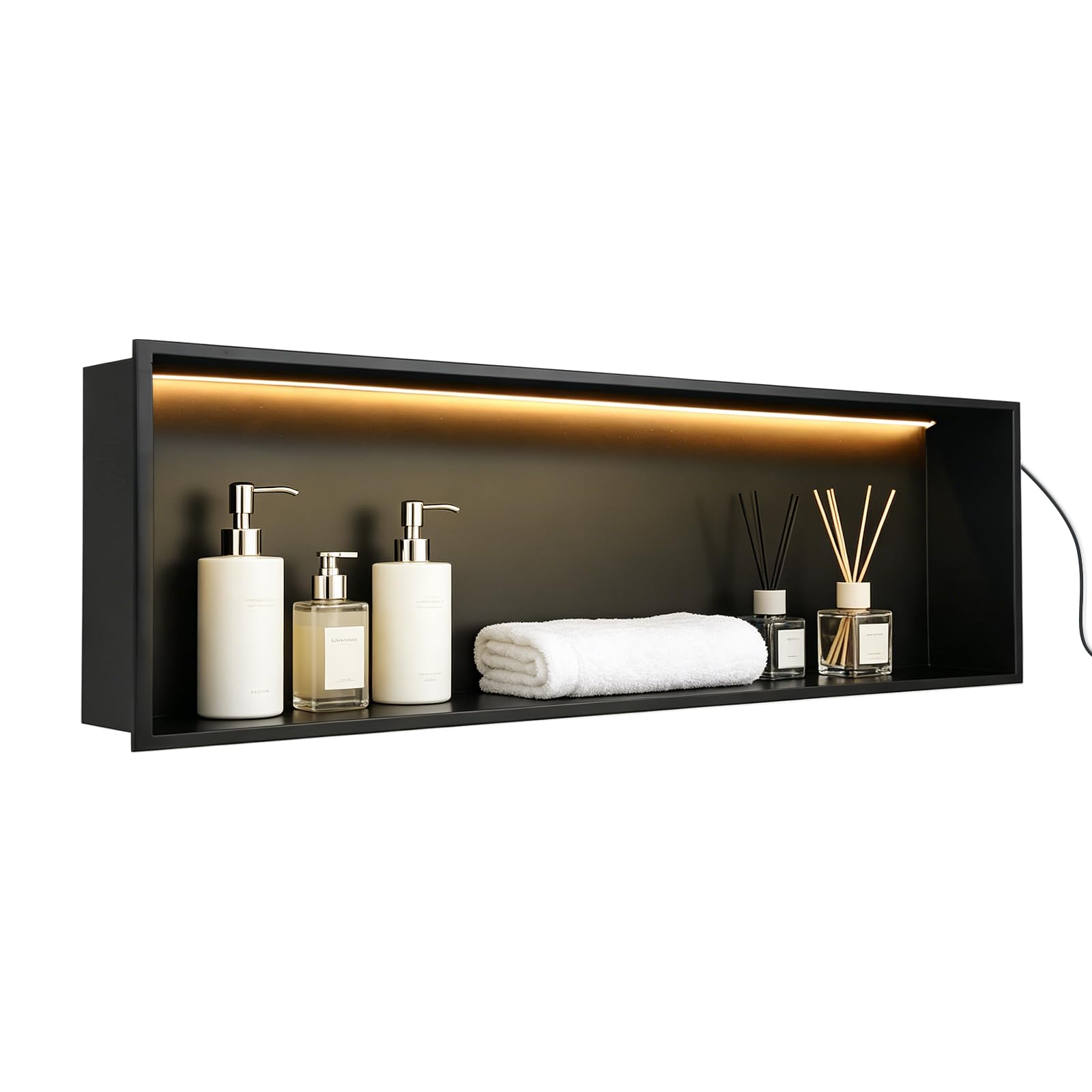 Dwlhap Shower Niche with LED Light, 900 x 300 x 100 mm Stainless Steel Wall Insert, Recessed Shower Shelf with LED Lighting Waterproof Bathroom Storage Black