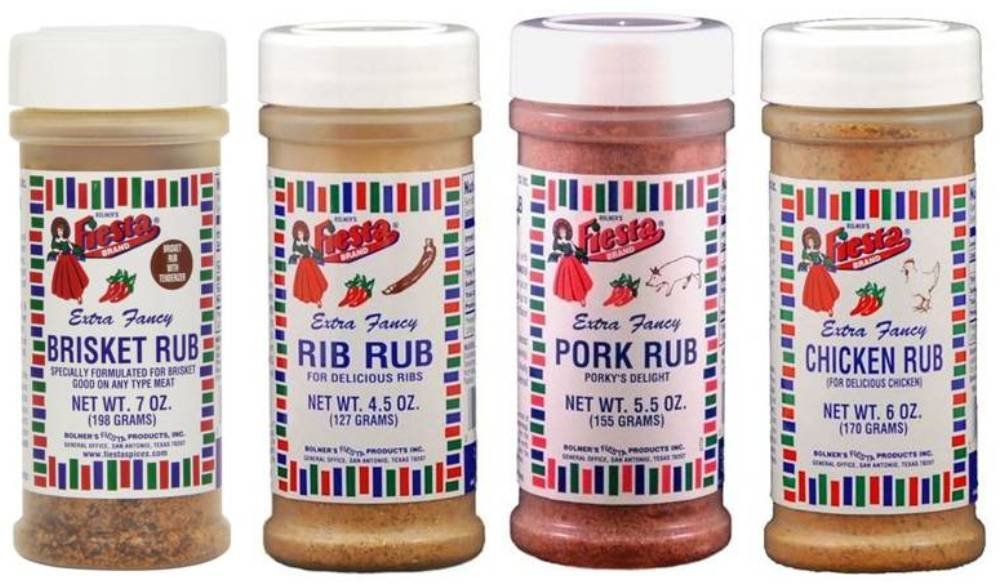 Bolner's Fiesta Extra Fancy Meat Rub 4 Flavor Variety Bundle: (1) Brisket Rub, (1) Rib Rub, (1) Chicken Rub, and (1) Pork Rub, 4.5-7 Oz. Ea.