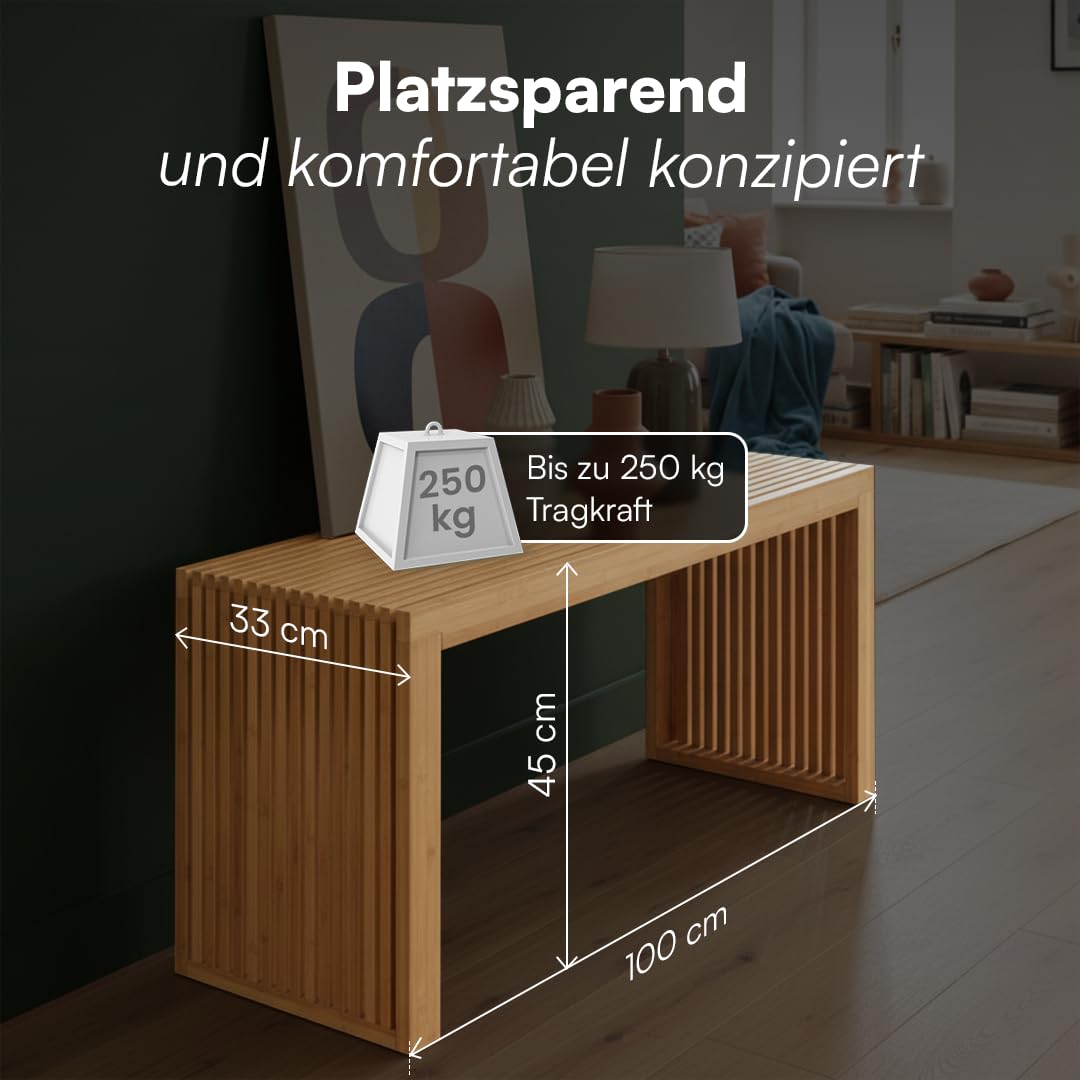 Bellamio Sava Sitzbank aus Bambus – stabile Holzbank Natur – Moderne Bank für Flur, Esszimmer, Schlafzimmer, Wohnzimmer, Badezimmer – Garderobenbank bis zu 250 kg belastbar – Bettbank 45x33x100 cm