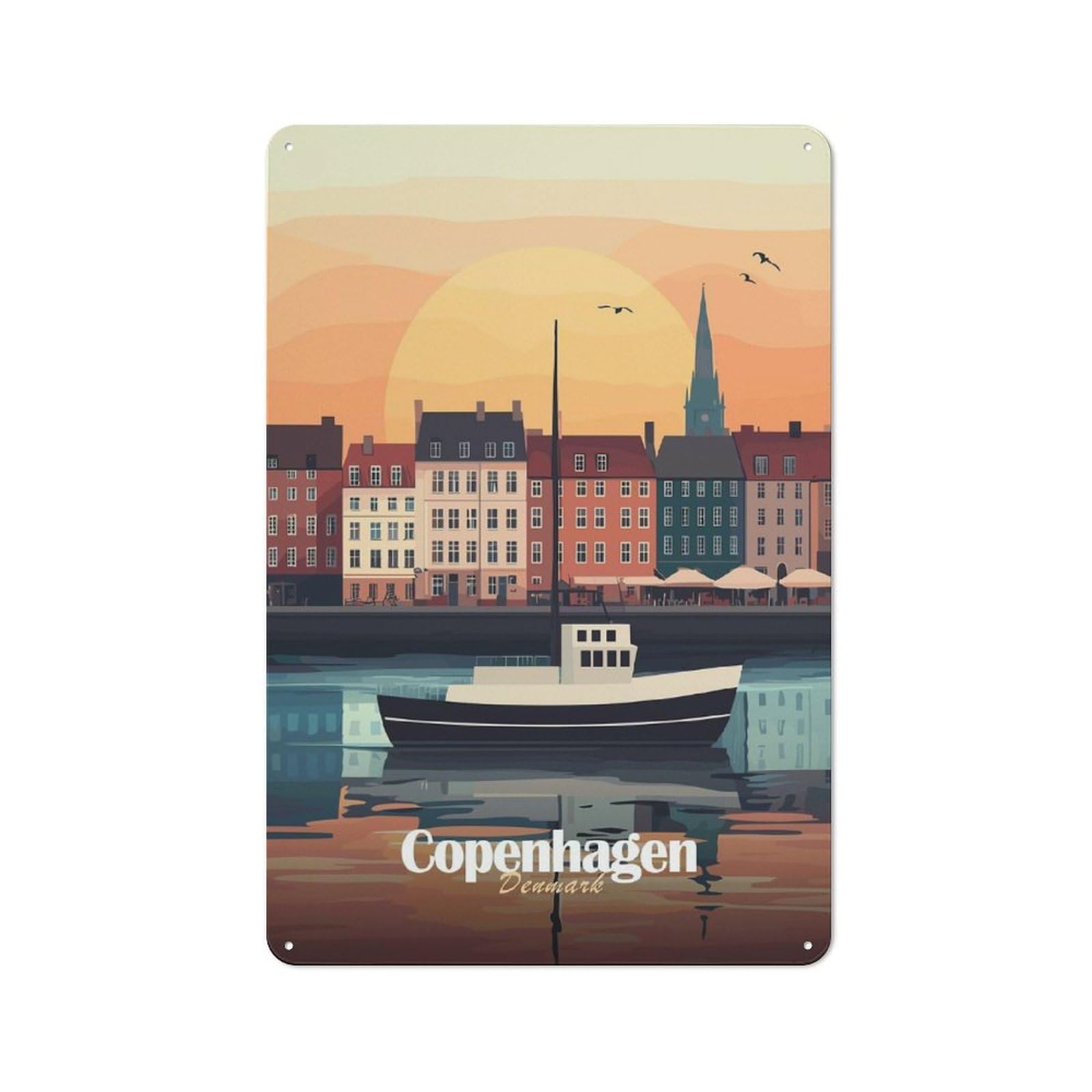 Junmoney Style-11 Rustic Tin Sign 30X20cm Featuring Copenhagen Sunset Cityscape For Café Or Home Bar, Gift Idea At Christmas For Hospitality Decor Collectors