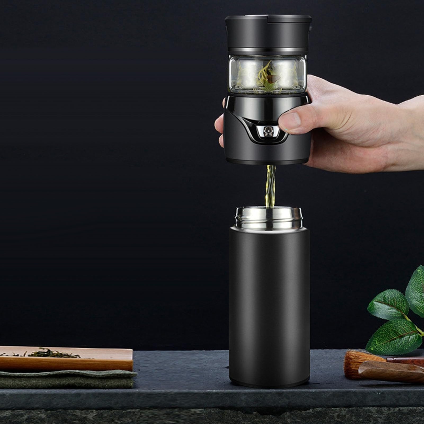 Taza de Viaje para té, Botella de té de Acero Inoxidable con Infusor, Diseño de Doble Pared, Elegante Juego de Tazas para un Aislamiento Duradero (BROWN)