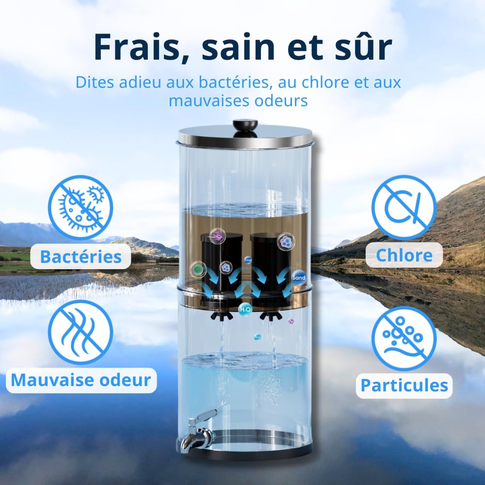 Family Filtre à eau | Filtre à Eau par Gravité 8,5 L | Purificateur d’Eau Maison en Acier Inoxydable | Fontaine Filtrante avec 2 Cartouches | Sans Électricité
