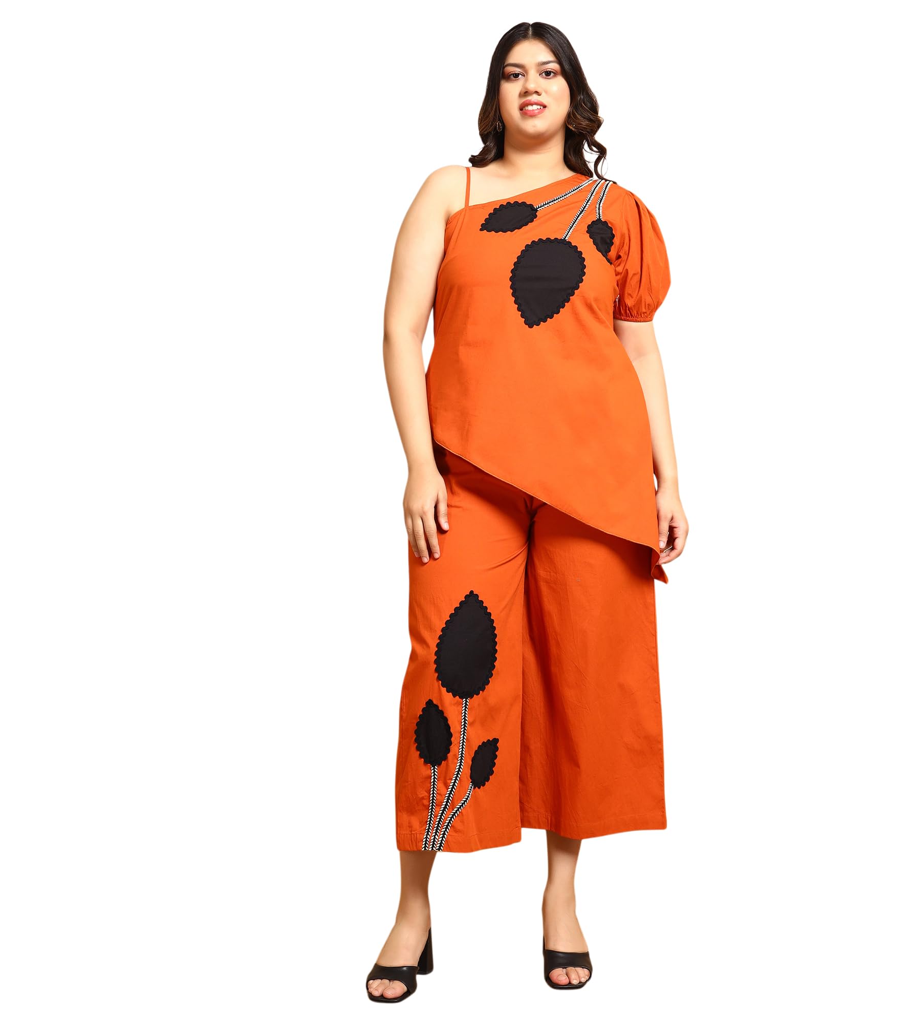 Women's Solid Calf Length Asymmetric Style Tunic with Palazzo|Cord Set for Women Cotton|Jumpsuits Western Dress for Women Stylish Two Piece Co ord Set|Casual Wear(Orange & Tan)