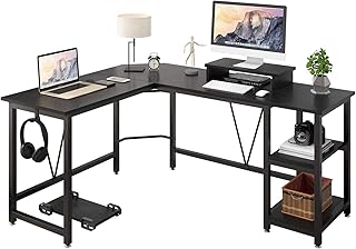 TREETALK Computer desk, L-shaped Corner Desk with 2-Layer Storage,Large PC Laptop Table with Monitor Stand and CPU Stand,Gaming Writing Desk for Home Office (Black)