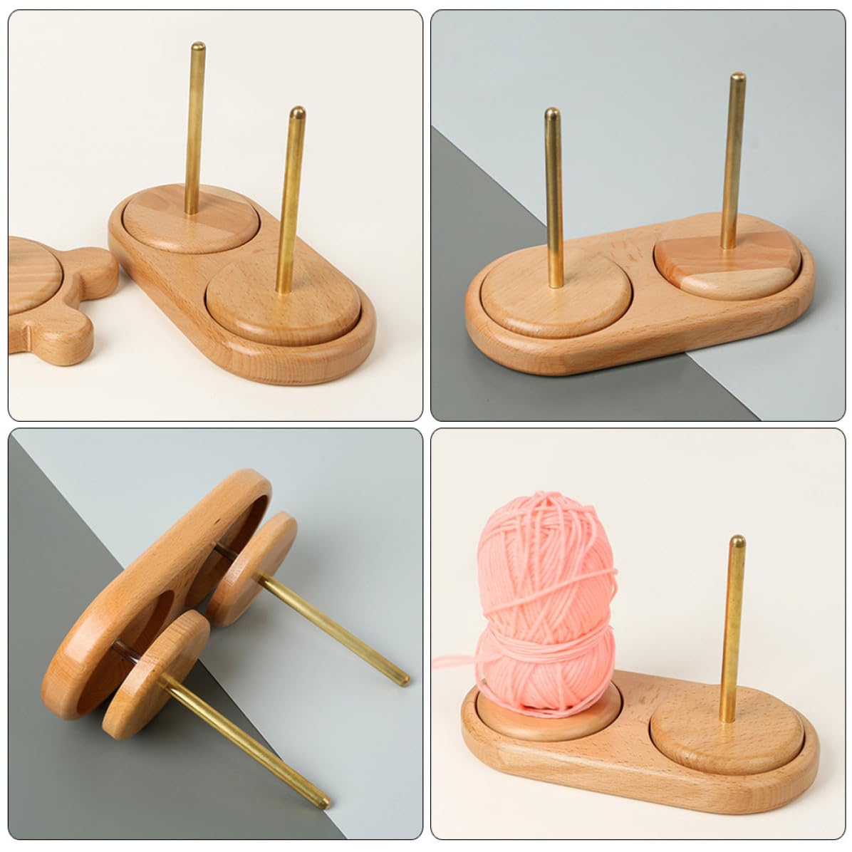 LIFKOME Porta Gomitoli in Legno, Organizer per Rocchetto Doppio, Metallo e Legno, Kaki, per Cucito e Treccia, Leggero, Rotante, Previene la Caduta del Filo