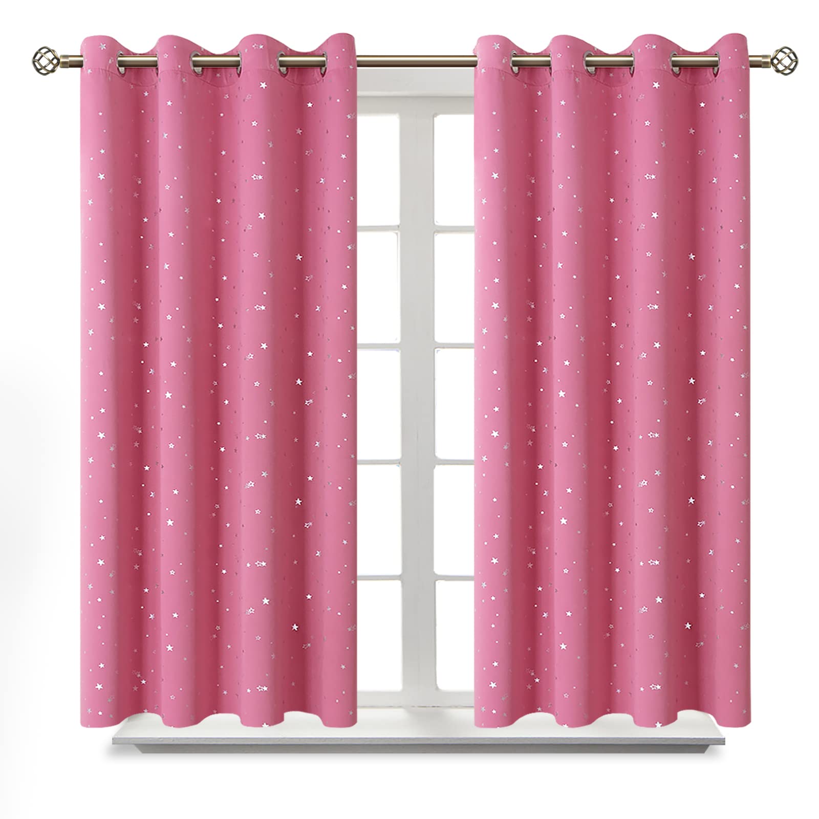 BGment Kids Blackout Curtains for Bedroom - Grommet Thermal Insulated Silver Star Print Room Darkening Curtains for Living Room, Set of 2 Panels (46 x 54 Inch, Pink)