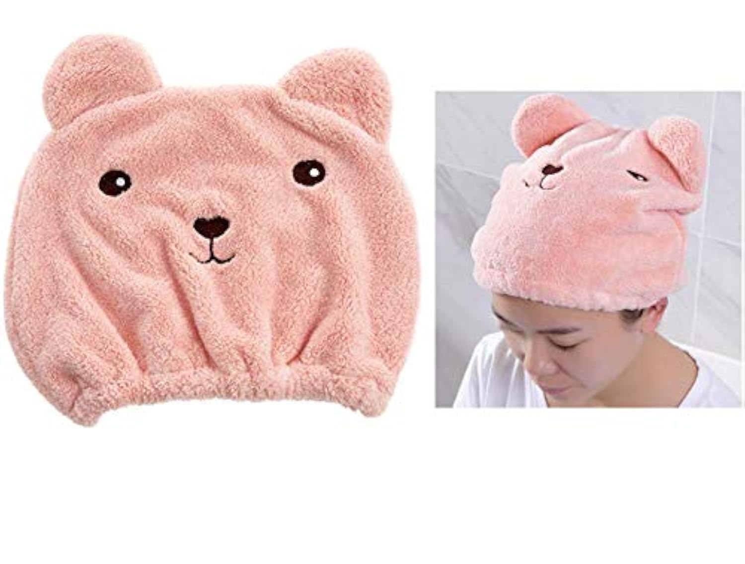Soft Absorbent Dry Hair Cap,Cute Cartoon Bear Super Soft Microfiber Children Adult Quick Drying Towel Head Wrap (Pink)