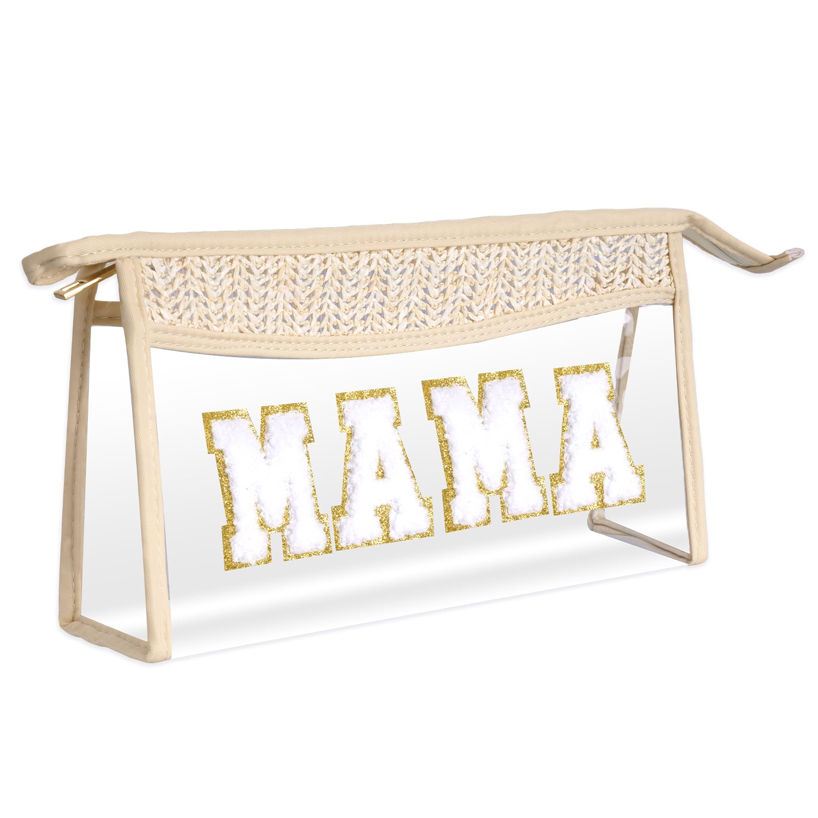 Hmxpls Boho Patch Cosmetic Bag with Zipper, Chenille Varsity Letter Makeup Bag, Clear Travel Pouch, Multi-purpose Small Toiletry Bag for Women Girls (