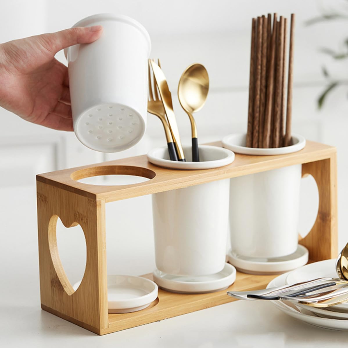 HEMOTON Organisateur de Couverts Design Délicat et Fonctionnel en Céramique Support en Bois, 3 Compartiments Égouttoir, Résistant Cuisine