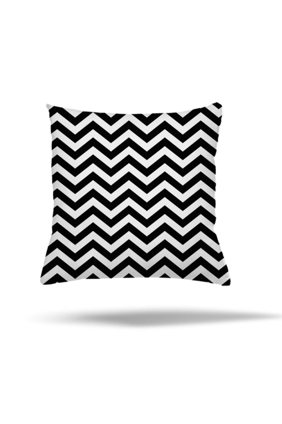 Pelangi Geometrik Karo Zigzak Kilim Desen Gizli Fermuarlı Yastık Kılıfı Kırlent Kılıfı, Siyah 45 x 45
