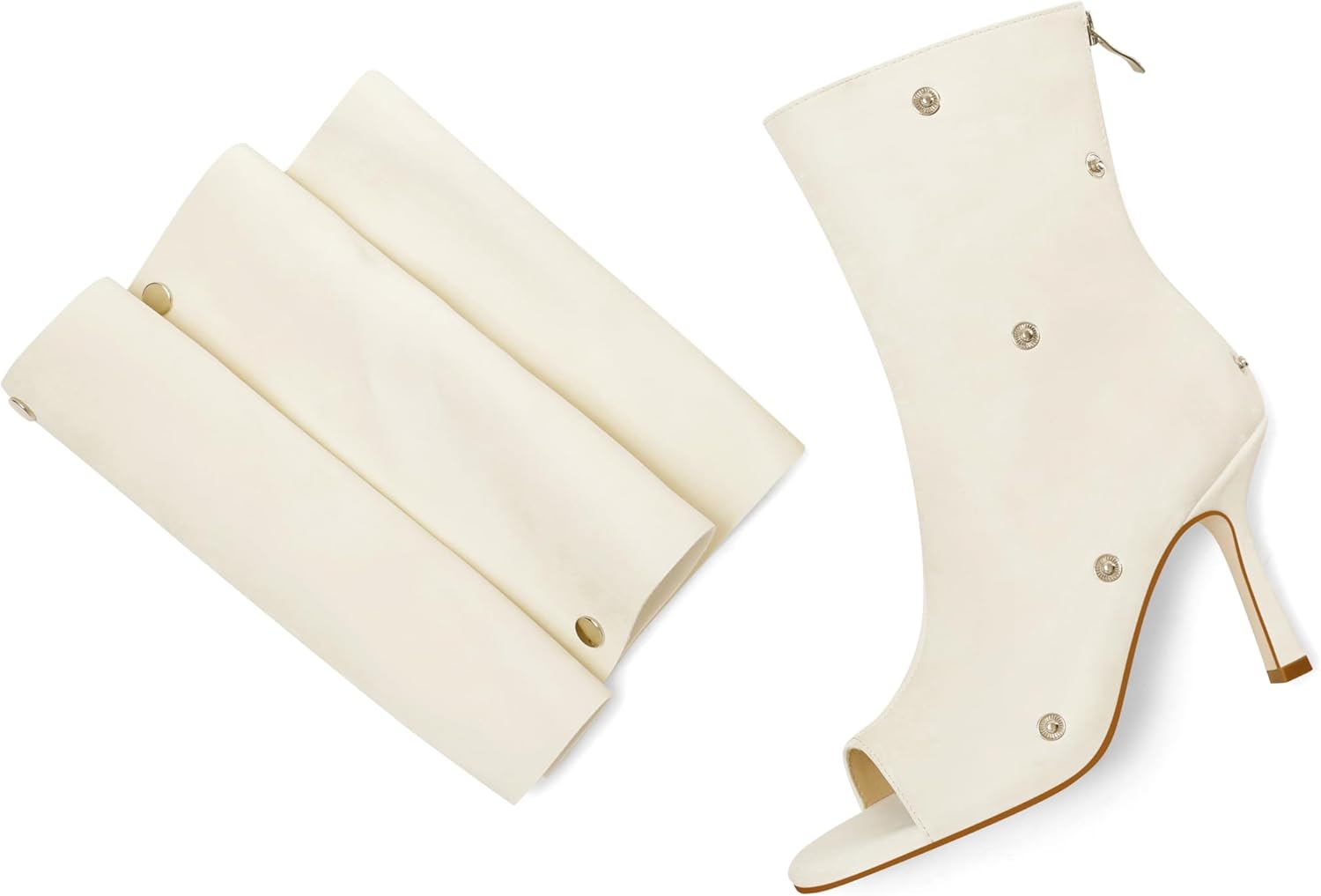 Women's Layered Ruched Ankle Boots, Foldover Pointy Open Toe Slouchy Silver Buttons Stiletto Fashion Short Booties for Party & Daily Wear
