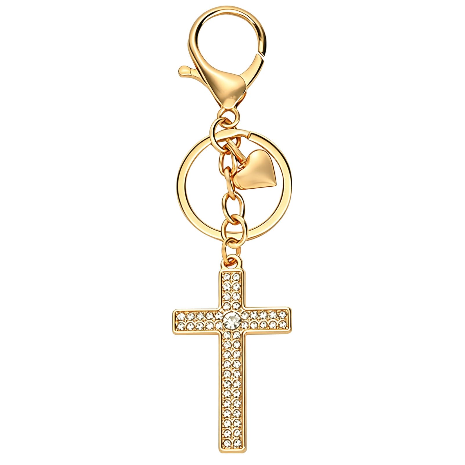 Snylcce Unisex Gold Rhinestone Cross Cross Keychain Alloy Key Ring Bag Charm Purse Charm With Heart Pendant For Women Car Keys Handbags Backpacks