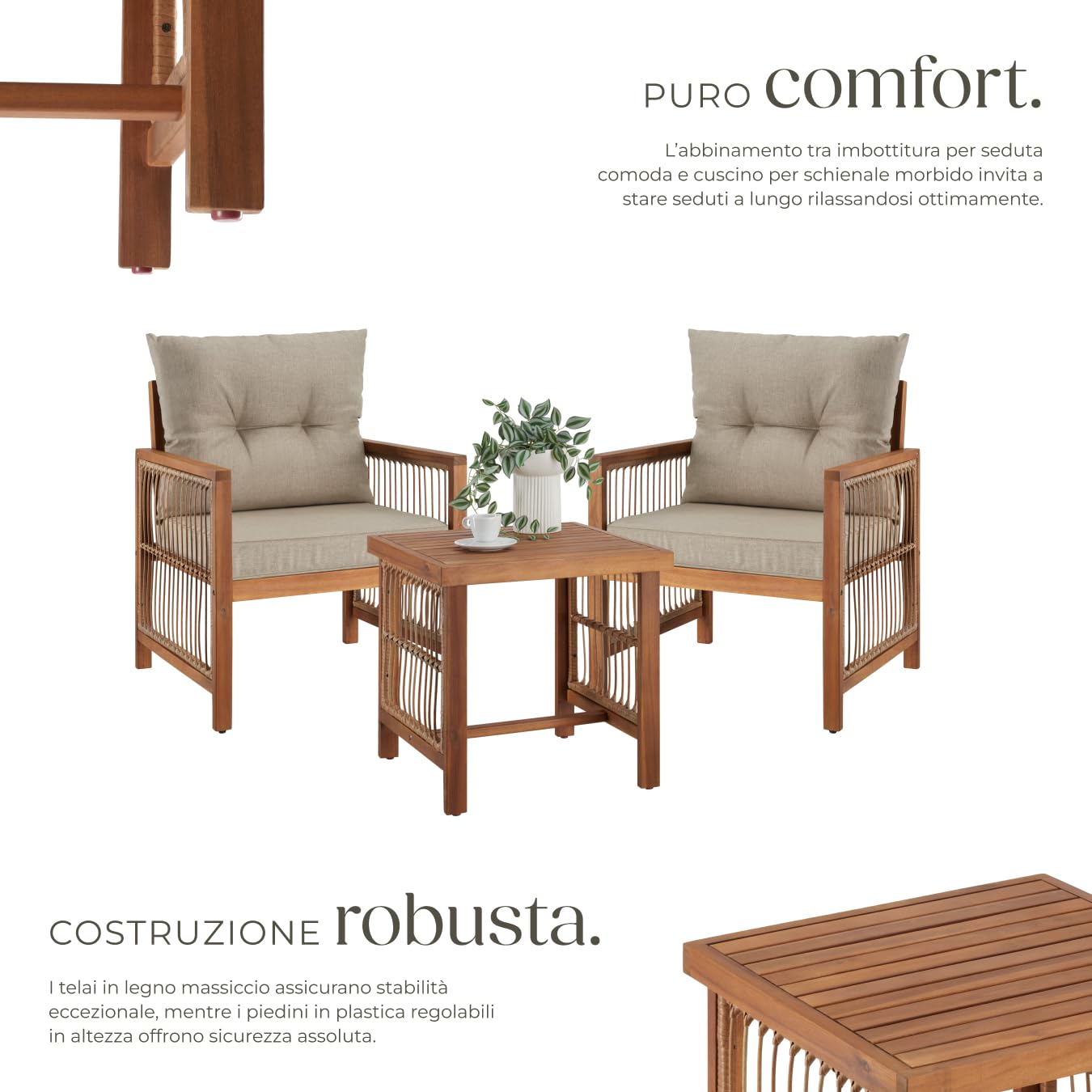 tectake® Set salottino da esterno, 2 poltrona relax e tavolino da balcone in legno acacia, intreccio corda polyrattan, cuscini sfoderabili, arredo giardino moderno, salotto balcone Sedie da Giardino