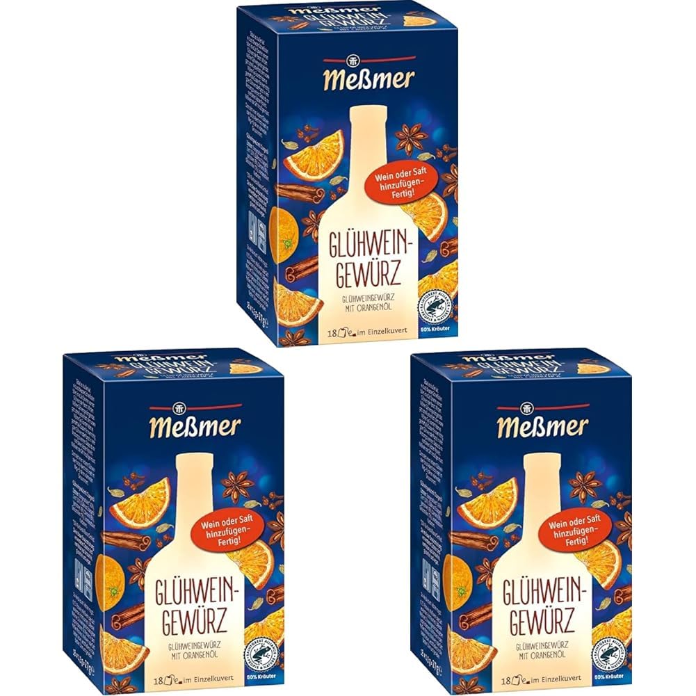 Meßmer Glühweingewürz | Für Wein oder Saft | 18 Teebeutel | Glutenfrei | Laktosefrei | Vegan (Packung mit 3)