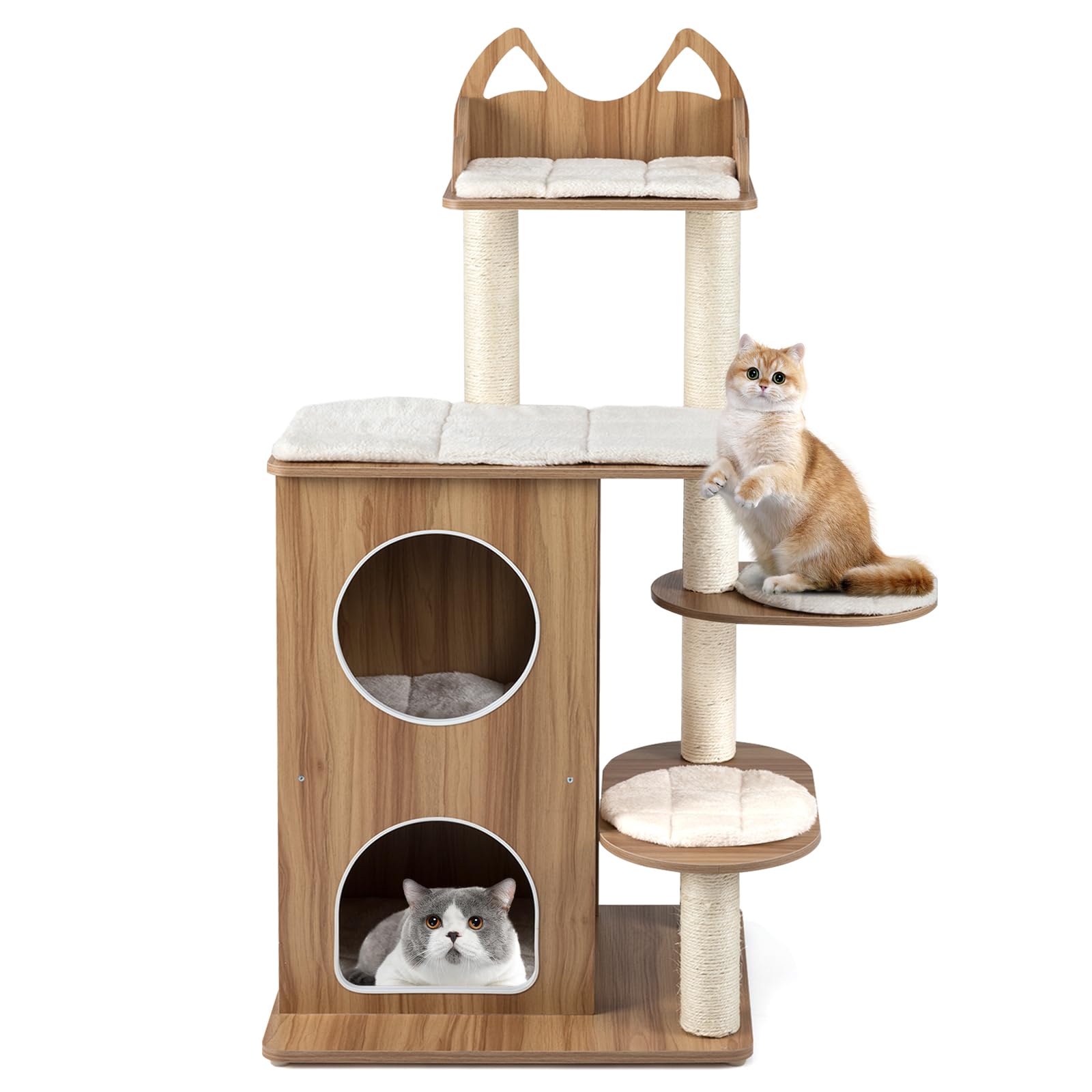 GOPLUS Árbol Rascador para Gatos con 2 Camas, una Plataforma Rectangular, 2 Plataformas Redondas y un Posadero con Barandillas, Rascador de Interior con Postes de Sisal y Alfombrillas Extraíbles