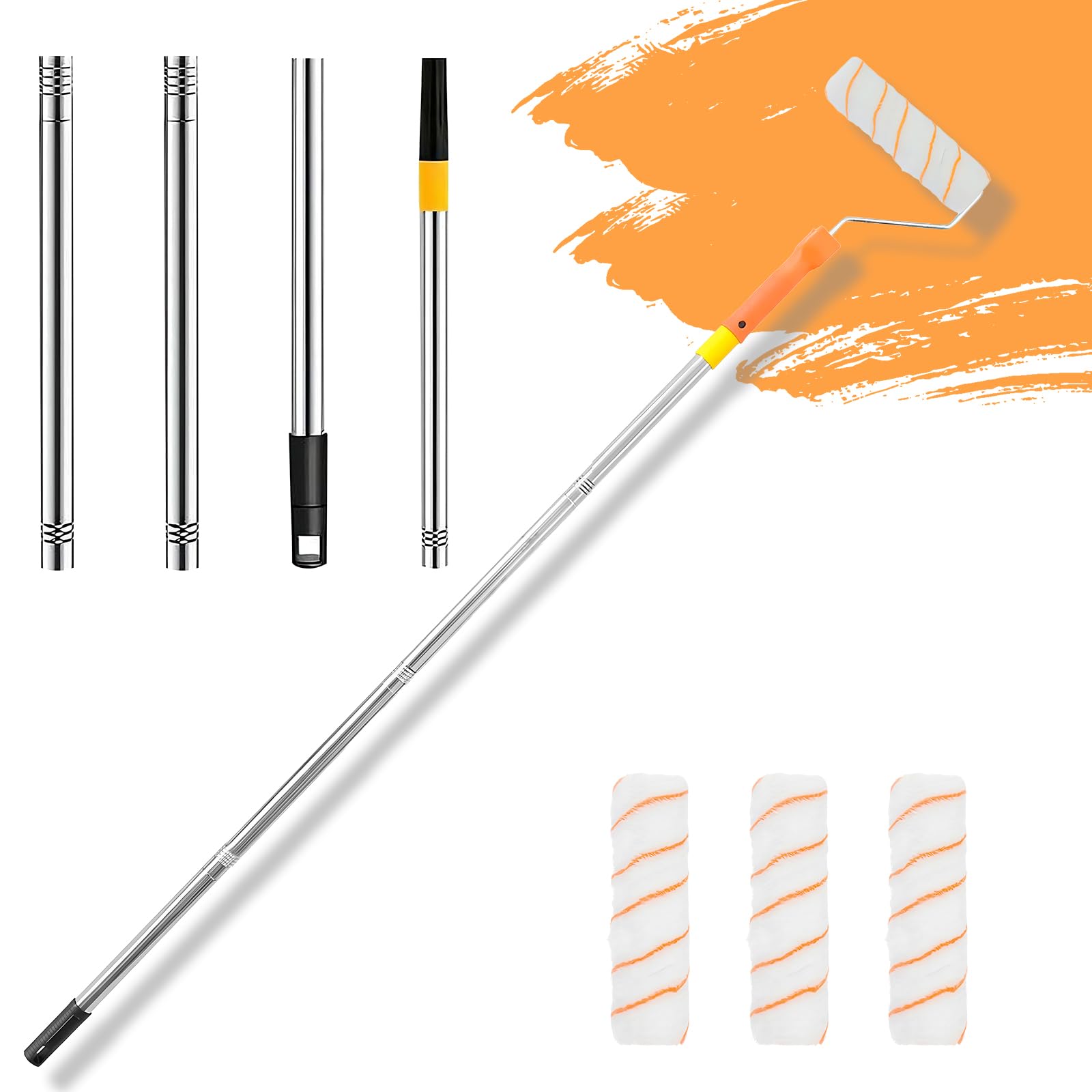 Paint Roller Kit,Paint Roller Brush Set with 3 Replacement Painting Rollers and Detachable Stainless Pole,Long Reach Wall & Ceiling Painting Rollers for Walls Ceiling Tools