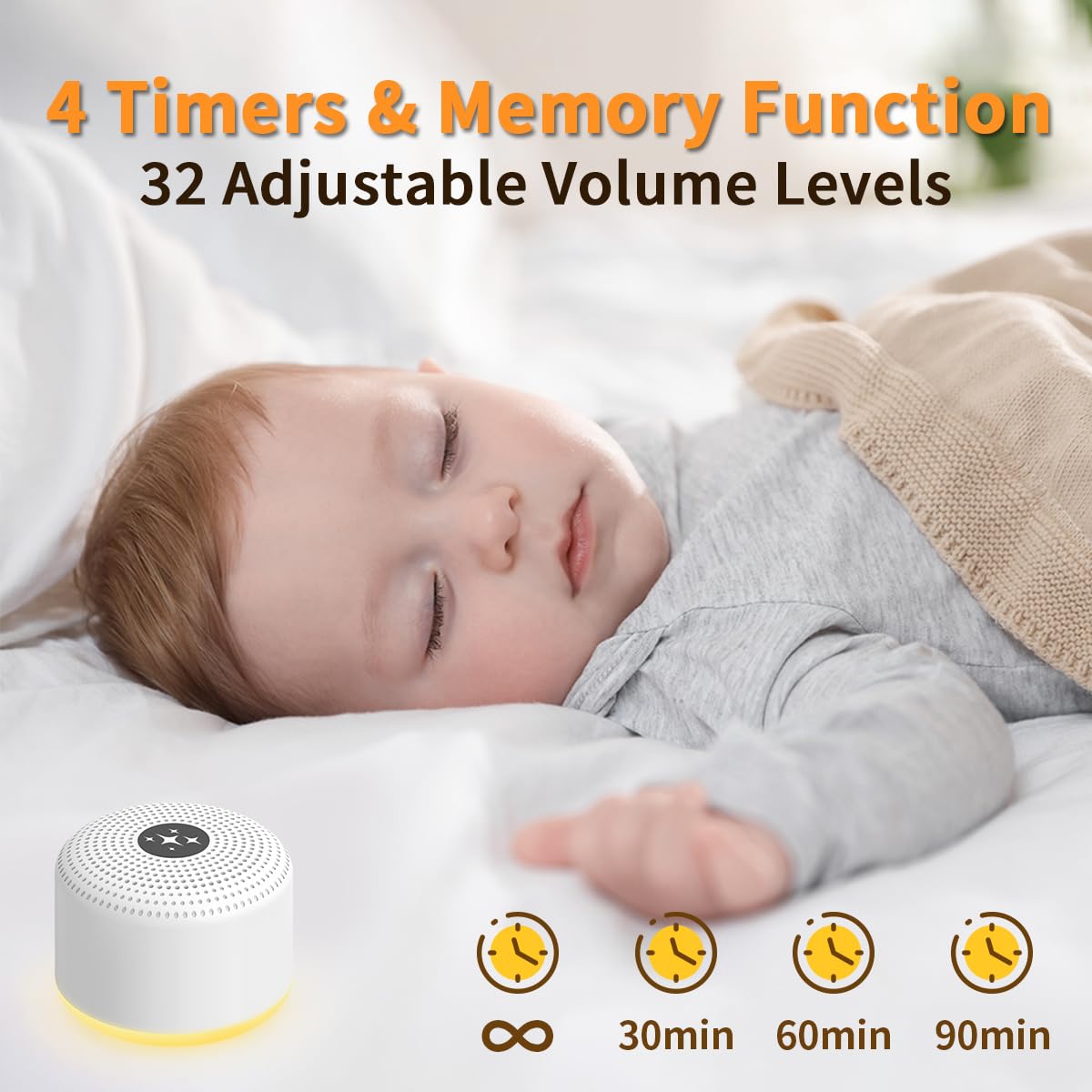 Soothing Sounds Tragbare Schlafmaschine mit weißem Rauschen, für Babys und Erwachsene, mit 30 Geräuschen, 12 Farboptionen, 5 einstellbare Helligkeiten, 32 Lautstärkestufen, 4 Timer, perfekt für