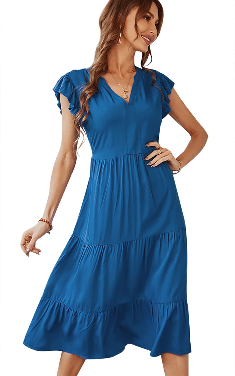 Les umesWomens Summer Midi Dress Casual V Neck Ruffle Short Sleeve A-Line Maxi Dresses