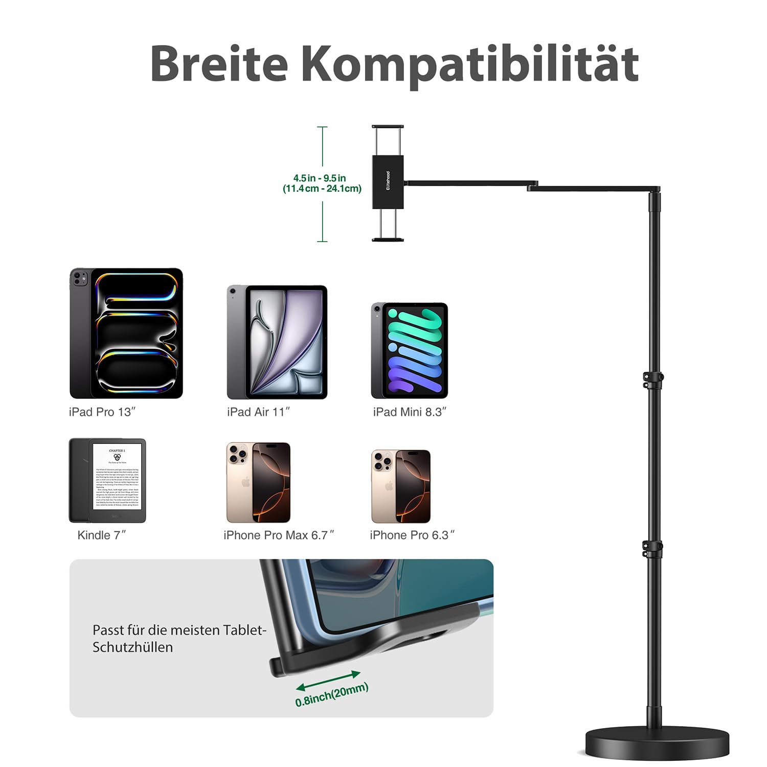 elitehood Schwenkbar Tablet Bodenständer Höhenverstellbar für Bett | Aluminium iPad Ständer Halterung für Bett, Sofa mit Frei Einstellbarem, Kompatibel mit iPad mini/Air/Pro 12.9" & 4.7–13"