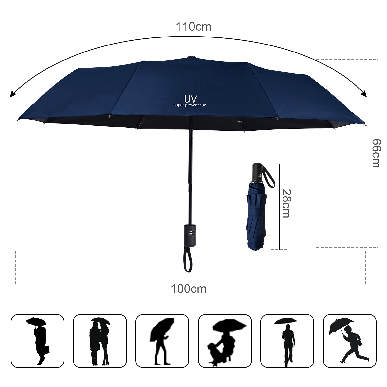 Vicloon Ombrello Portatile - Ombrello Pieghevole Compatto con 8 Nervature in Lega di Alluminio, Viaggio Ombrello Anti-tempesta Rivestimento in Teflon 210T, UPF>50+ Ombrello da Sole/Pioggia