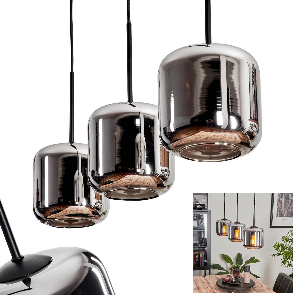 Hanging lamp Lauden, Hanging lamp Made of Metal/Glass in Black/Chrome Colour, lampshades Made of Glass (Ø 15 cm), Height max. 150 cm, 3 x E27, Without Bulb