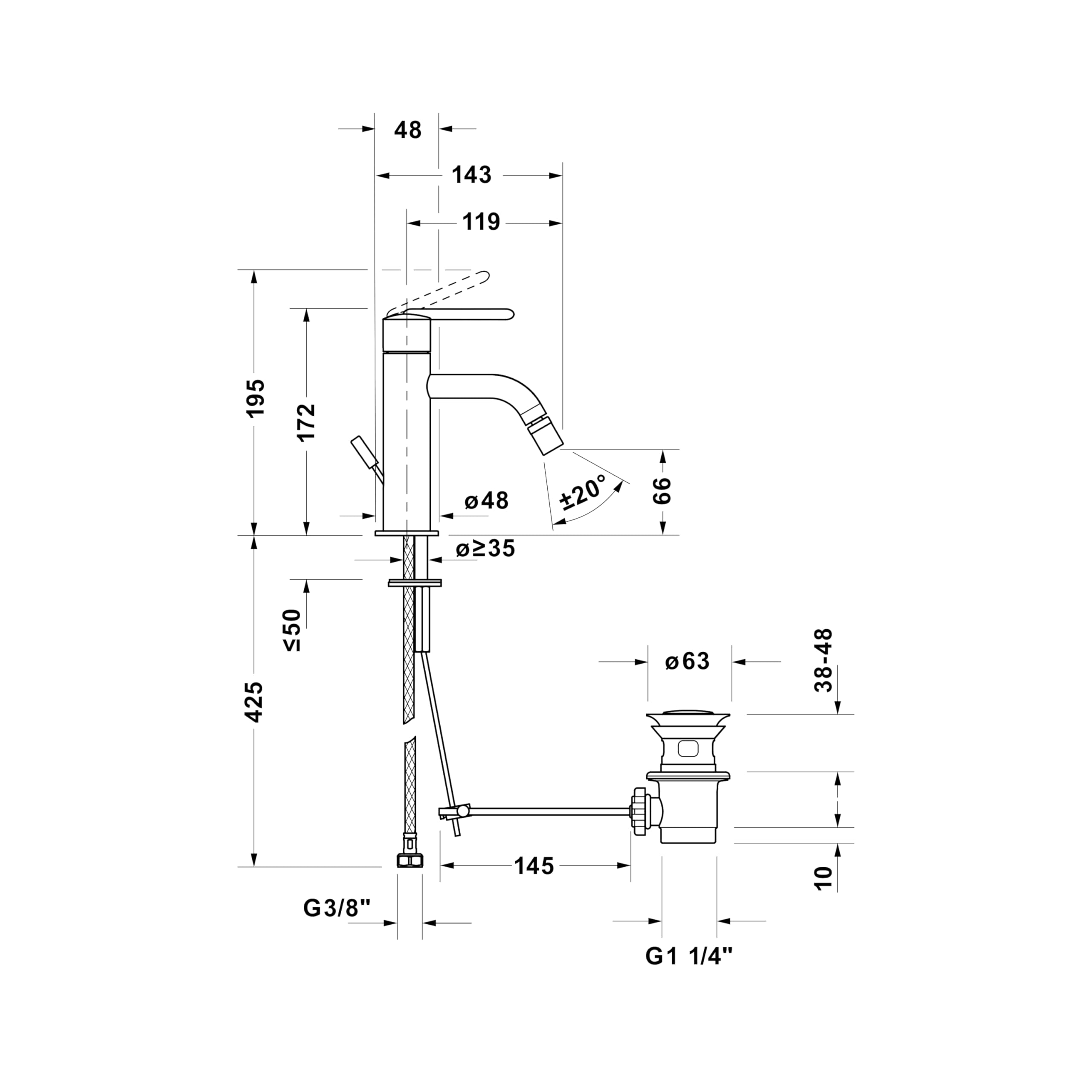 Duravit Balcoon Einhebel-Bidetmischer (Auslauf Höhe 119 mm), Bidetmischer mit Zugstangen-Ablaufgarnitur, Chrom