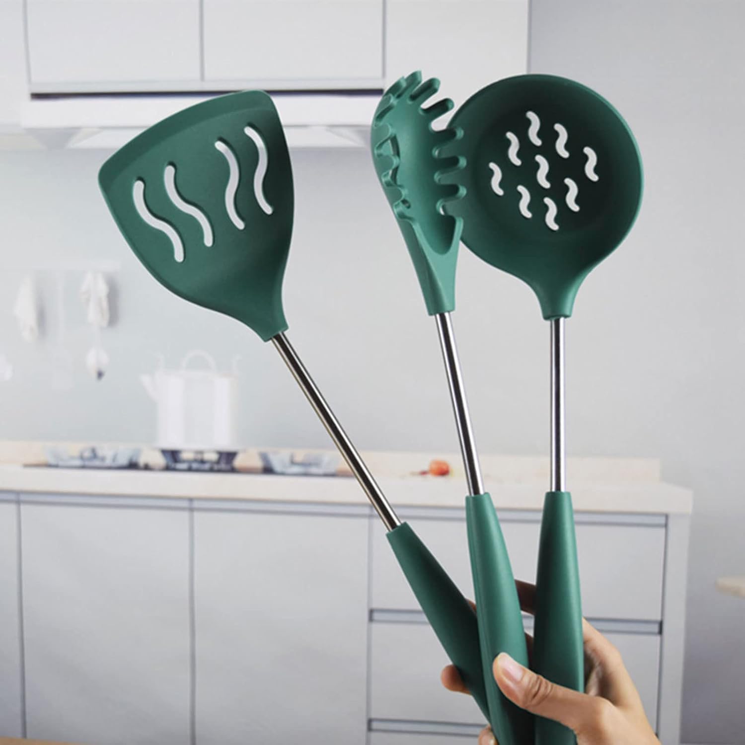FS COOL Karchi for Cooking - Silicone Spaghetti Fork - Non Stick Rice Spoon - Skimmer Slotted Spoon - Spatula Stand - Soup Ladle - Slotted Spoon - Pasta Server - Scooper Spatula (Set of 5, Green) 3