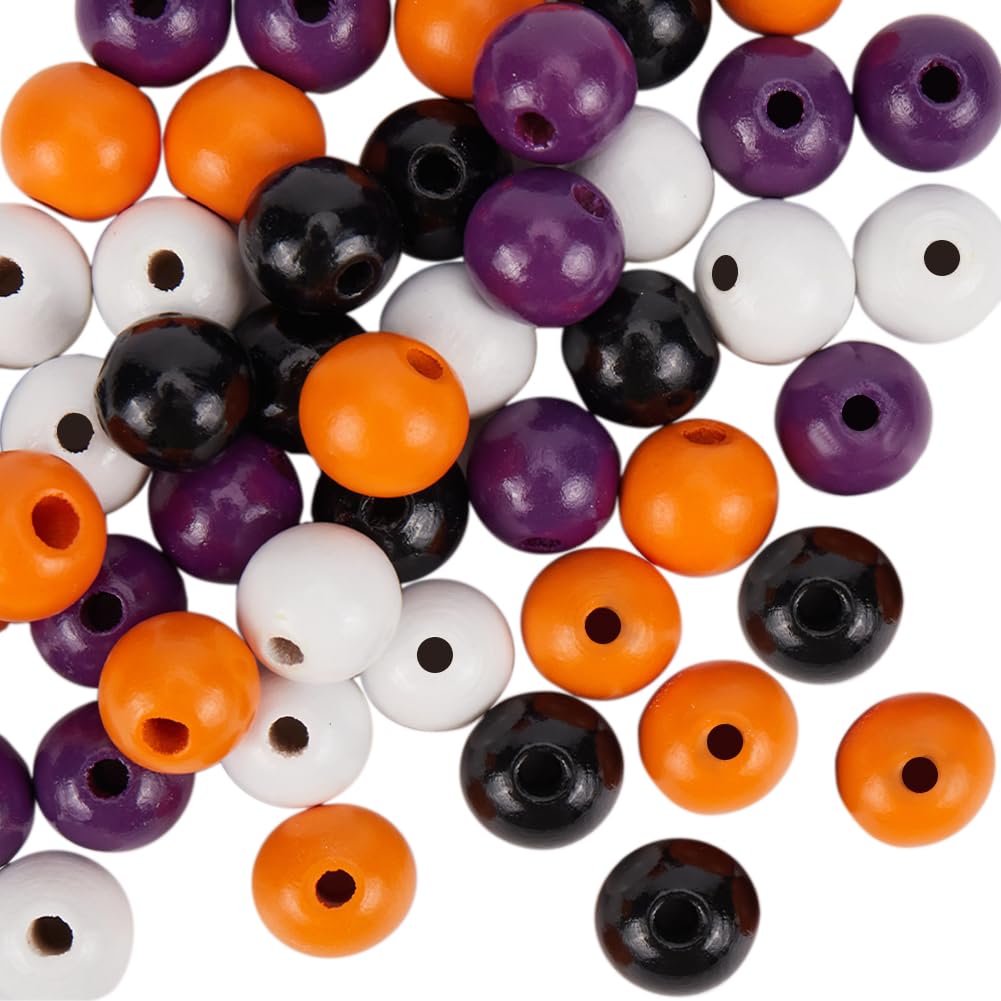 SOFPLATE 125Pcs Halloween Wooden Beads Pumpkin Wood Beads Garland Craft Round Loose Bead Ornaments for jewellery Making Bead Assortments DIY Necklace Bracelets Crafts Party Home Supplies Decoration