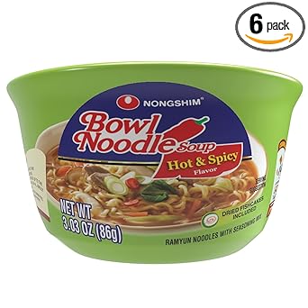 Nongshim Ramen Noodles, Gourmet Instant Ramen bowl, Premium Microwavable Noodle Soup, Hot & Spicy, 3.03 Ounce (Pack of 6)