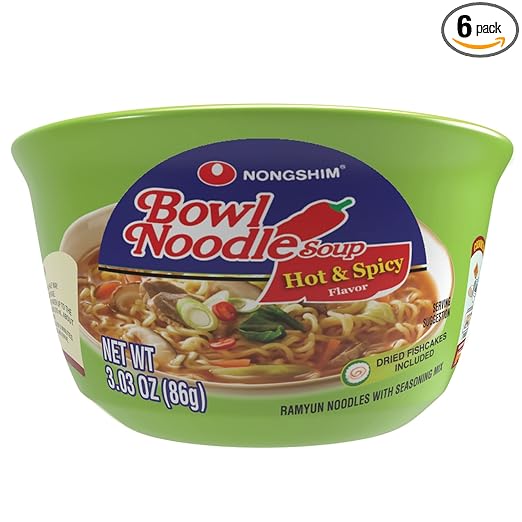 Nongshim Ramen Noodles, Gourmet Instant Ramen bowl, Premium Microwavable Noodle Soup, Hot & Spicy, 3.03 Ounce (Pack of 6)