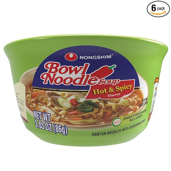 Nongshim Ramen Noodles, Gourmet Instant Ramen bowl, Premium Microwavable Noodle Soup, Hot & Spicy, 3.03 Ounce (Pack of 6)
