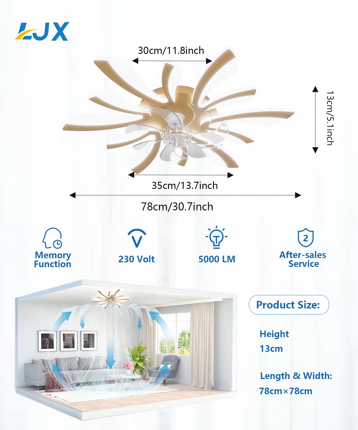 LJX Lampa sufitowa z wentylatorem, kompatybilna z Alexa i Google Assistant Dc, 78 cm, lampa sufitowa z wentylatorem, cicha praca zimowa/letnia, ściemniana, do sypialni, kuchni, złota