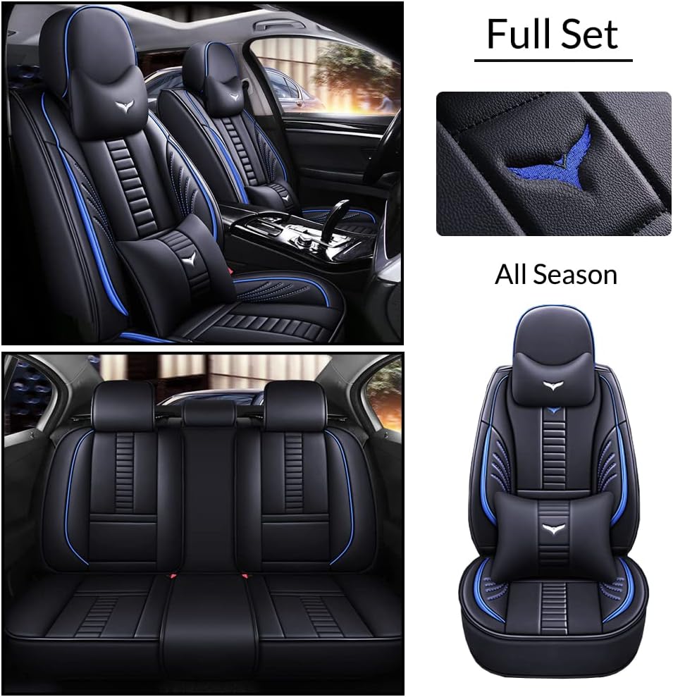 Full Set of Universal Fit Automotive Seat Covers for Honda Civic 2017-2023, Faux Leather Automobile Interior Sets with Headrest & Back Pillow Black & Blue Line