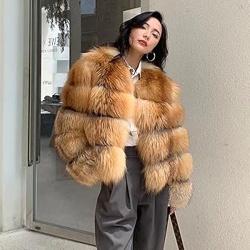 Denny&Dora Womens Short Fox Fur Coat Natural Fur Coat Winter Warm