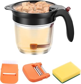 Fat Separator with Bottom Release and Oil Strainer, 4 Cups Gravy Separator for Cooking, Fat Strainer Separator, Soup Oil Separator Measuring Cup, Gravy Strainer with Dish Sponge Peeler, Fat Skimmer