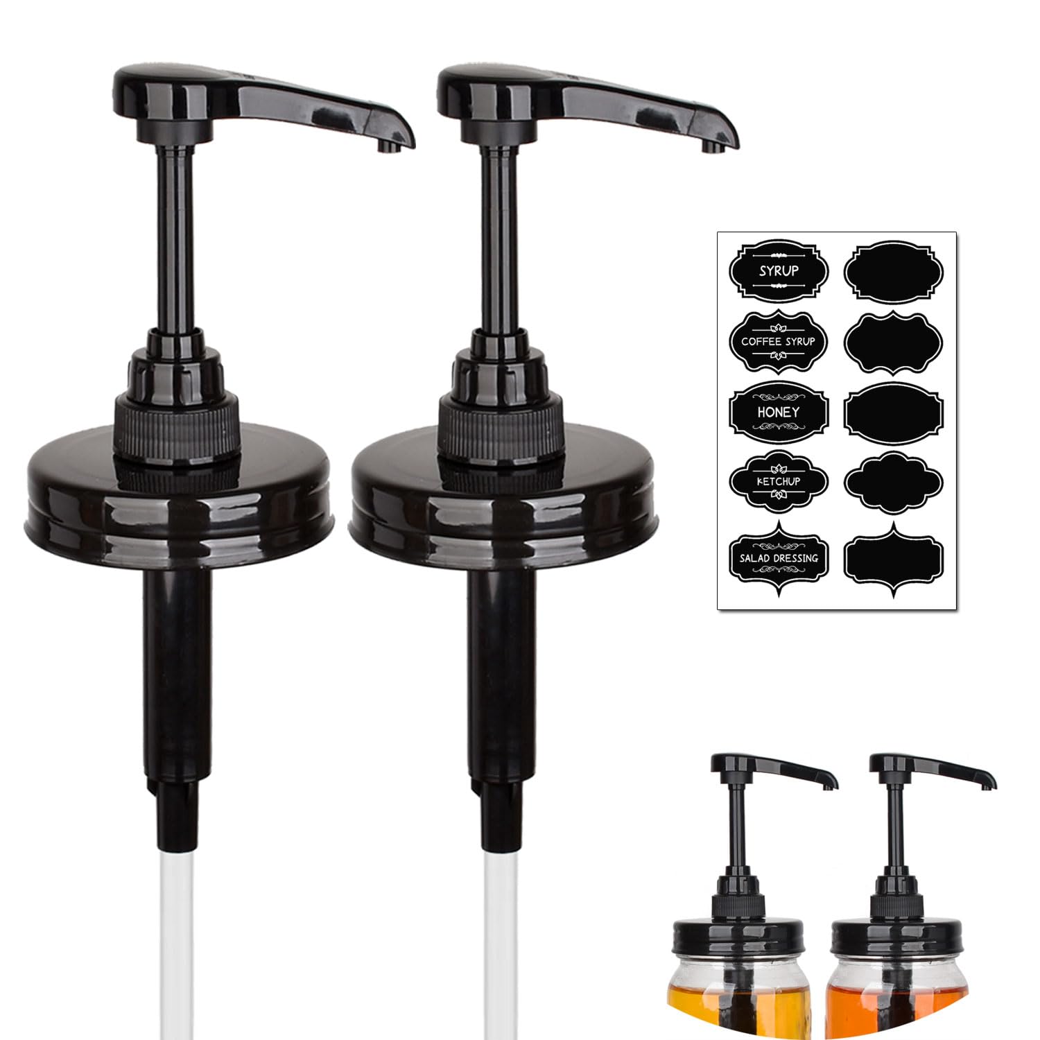 Photo 1 of 2 Pack Mason Jar Syrup Dispenser Pump Lids, Coffee Syrup Dispensers for Regular Mouth Mason Jars with Rust Proof Plastic Pumps and lids, Kitchen Food Grade Honey Dispenser Pump, Black
