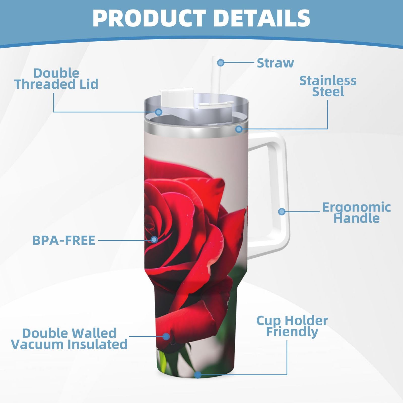 A Red Rose 1 Wasserflasche aus Edelstahl, doppelwandig, isoliert, mit Griff und Strohhalm-Deckel, 1,2 l