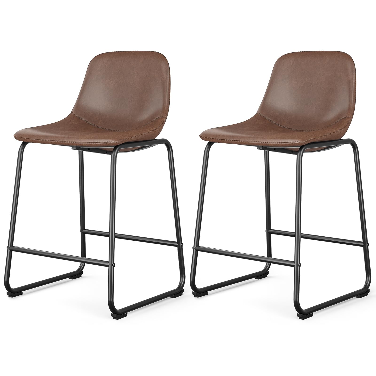Rfiver Pu Faux Leather Bar Stools Set of 2, Industrial Pub Barstools with Back and Footrest, Modern Armless Bar Height Stool Chairs (Brown, 24"