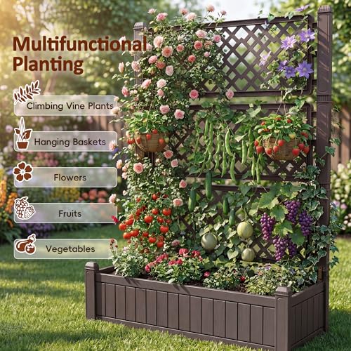 Greesum Planter Box Trellis, 6.5FT Large Plastic Raised Garden Bed with Drain Hole for Climbing Plants, Plant Support, Flowers, Vegetables, Perfect for Patio, Yard, Brown - Thumbnail 5