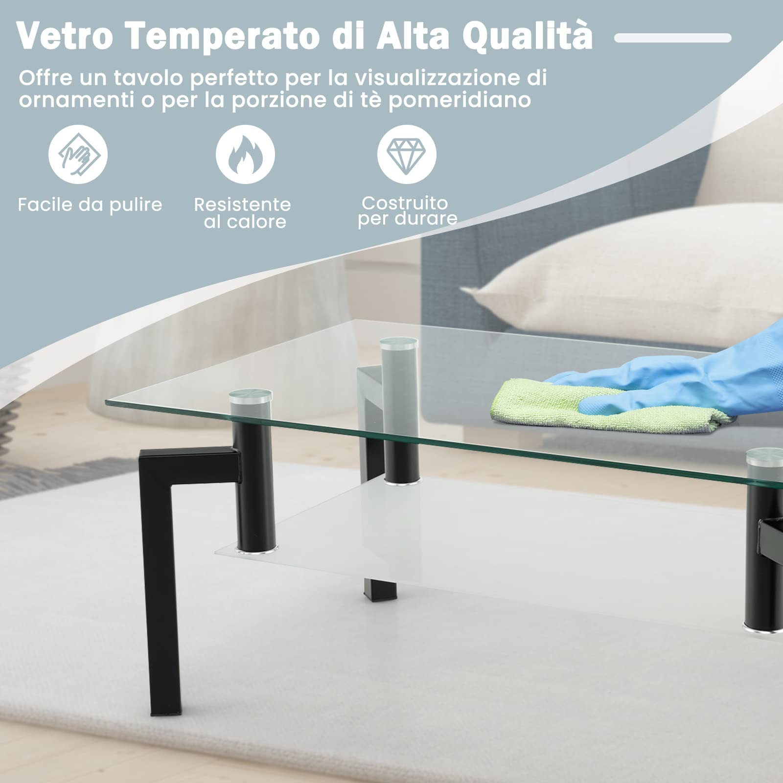 COSTWAY Tavolino da Salotto in Vetro Temperato Moderno, Tavolo Basso Rettangolare a 2 Livelli con Struttura in Metallo, Tavolino da Caffè per Soggiorno e Ufficio, 100 x 60 x 43 cm