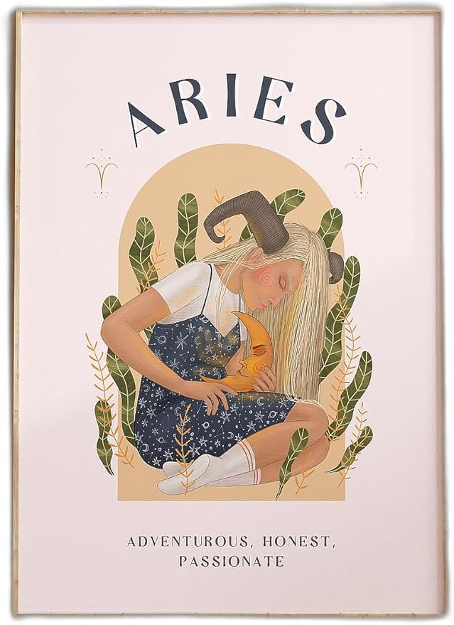 Aries zodiac print poster star sign wall art for her astrology gift featuring an Aries illustration with soft pink background for modern home decor suitable for bedroom living room office