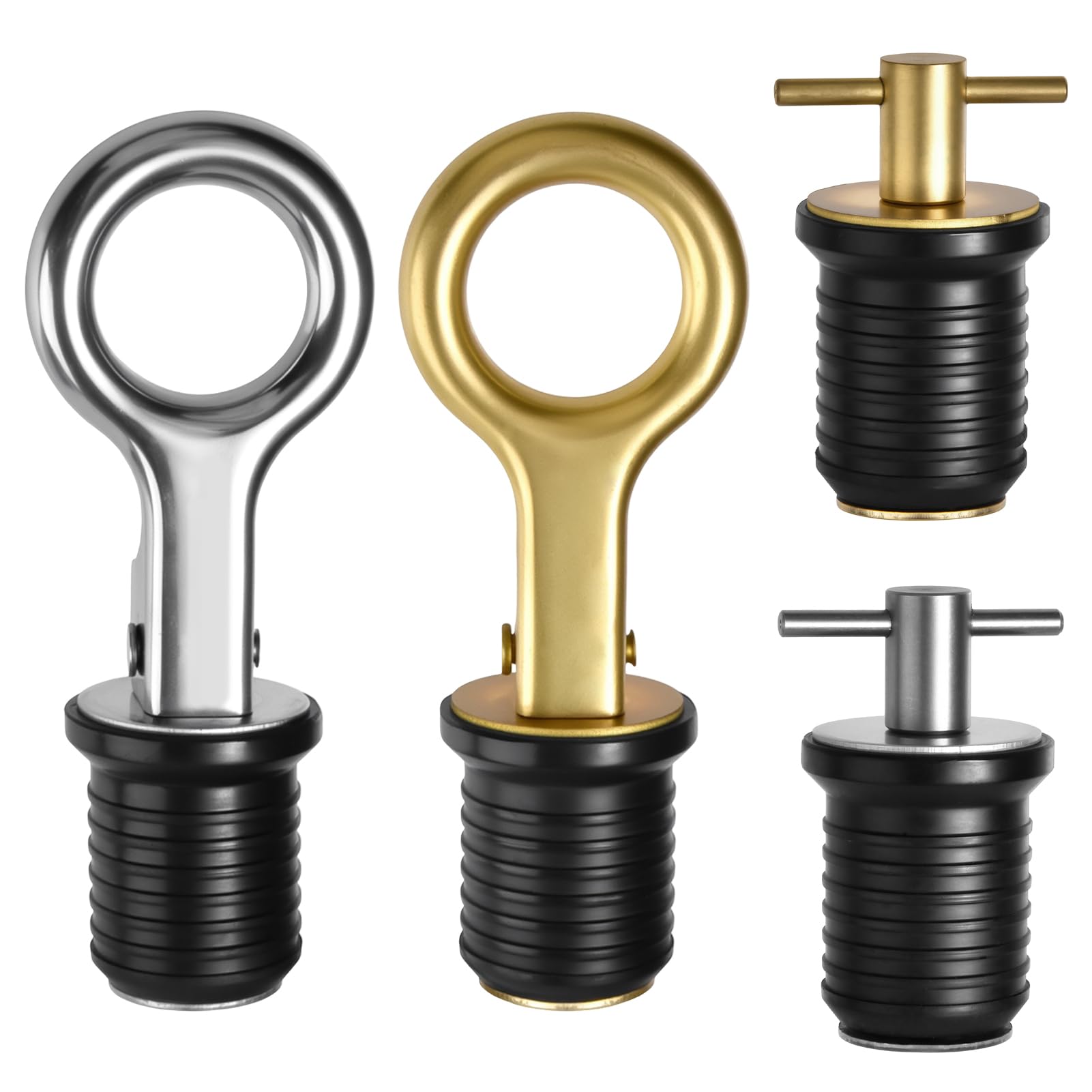 LEONTOOL 4 Pcs Boat Drain Plug 1 Inch Snap and T Handle Rubber Drain Plugs, Brass and Stainless Steel Marine Boat Accessories Drains Twist Plug for 1 Inch Diameter Drains