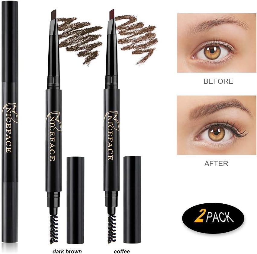 Eyebrow Pencil 2 Packs, NiceFace Waterproof Smudge-proof Automatic Eye Brow Makeup Kit with Eyebrow Brush, Dark Brown & Coffee(set#1)