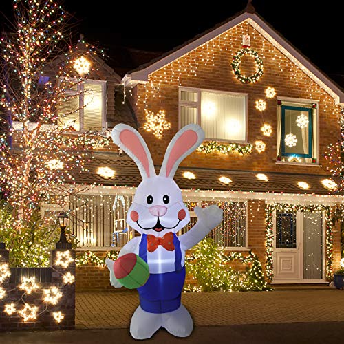 VCUTEKA Easter Inflatable Bunny Pushing Wheelbarrow with Eggs Blow Up Outdoor Decorations Lighted LED Lights Holiday Party Display Yard Lawn Patio Decorations 4FT 6FT Indoor Outside Decor