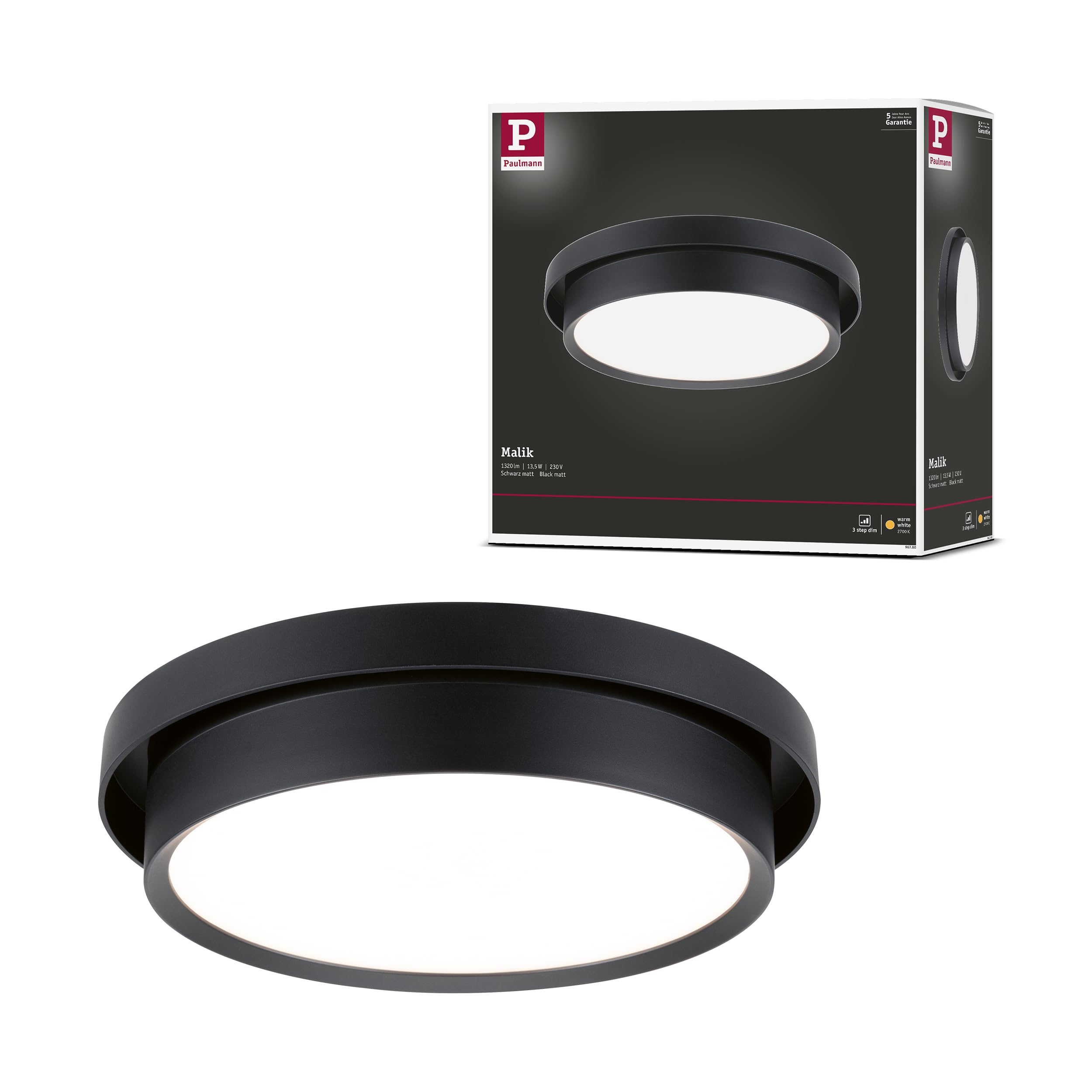 Paulmann 96780 LED Ceiling luminaire 3-Step-Dim Malik 2700K 850lm 230V 13.5W dimmable Black matt wall and Ceiling luminaire