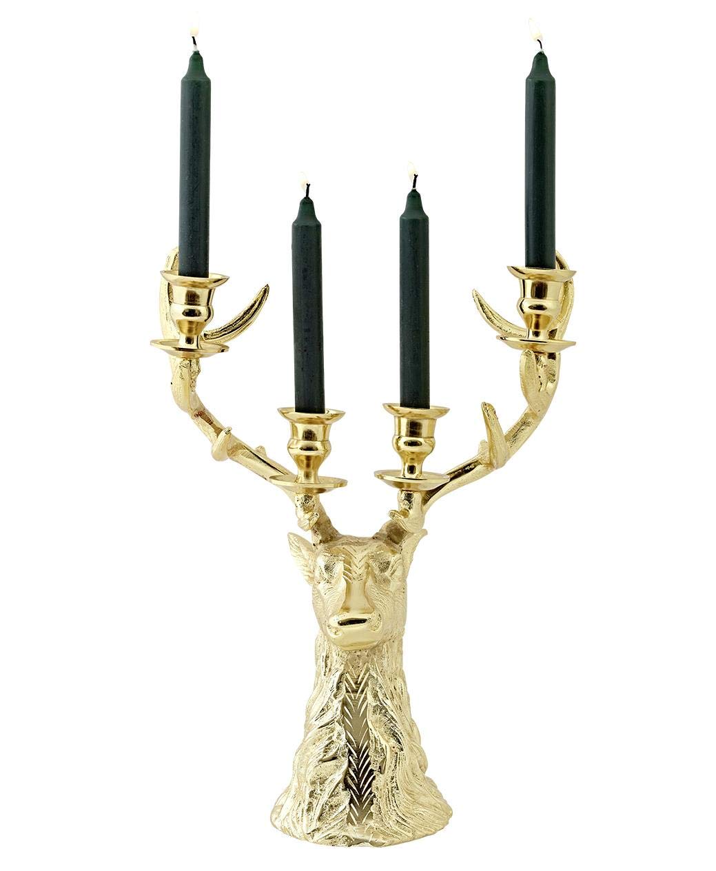 EDZARD Kerzenleuchter Hirsch Richard (H 43 cm) in Gold-Optik - Kerzenhalter, Kerzenständer Silber für Stabkerzen - Deko Kerzen, Tischdeko, Silber Deko für Kerzen in Rentierfigur mit Samtfuß